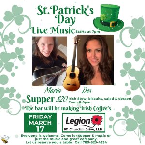 Legion St Patrick's Day Supper and Live Music March 17.
