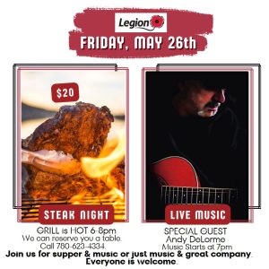 Legion Friday Steak Night and Live Music, Saturday Jam Night.