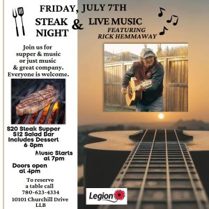 Legion Steak and LIve Music July 7th with Rick Hemmaway.