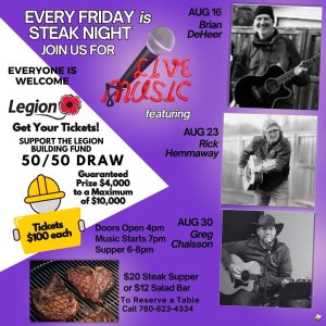 Legion Steak Night and Live Music August 16 and 30, 2024.