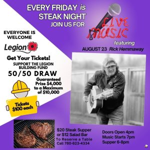 Legion Steak Night and Live Music August 23, 2024.