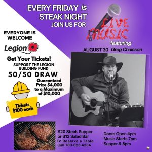 Legion Steak Night and Live Music August 30, 2024.