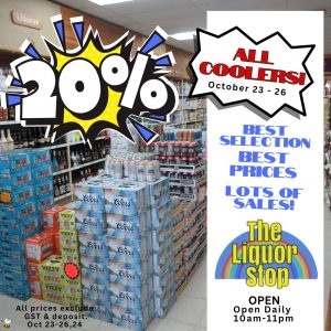 Liquor Stop 20% OFF all coolers Oct 23-26, 2024.