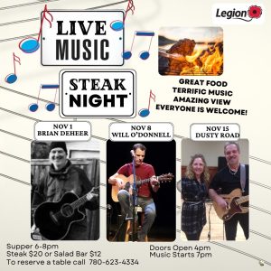 Live Music and Steak Night November 1,8,15, 2024.