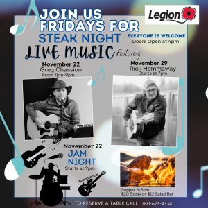 Live Music and Steak Night November 22, 29, 2024.