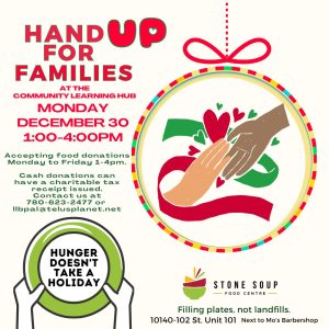 Stone Soup Hand UP for Families Dec 30, 2024 call out for donations.