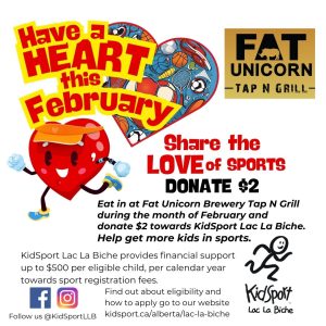 KidSport Share the Love of Sport and donate at Fat Unicorn Tap N Grill this February.