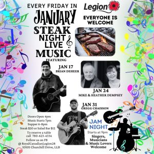 Legion January Steak and Music Jan 17, 24, and 31, 2025.