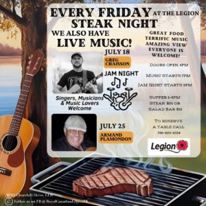 Legion Friday July 18, 2025 Steak Night, Live Music & Jam Night.