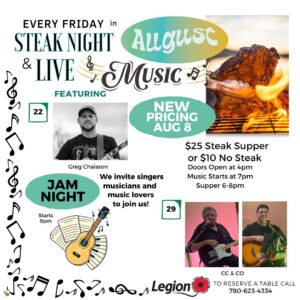 Legion August 22, 2025 it is LIve Music, Steak Night and Jam Night!