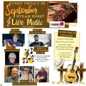 Legion September Live Music and Steak Night Fridays 2025.