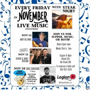 Live music and steak night Fridays at Legion November 2025.