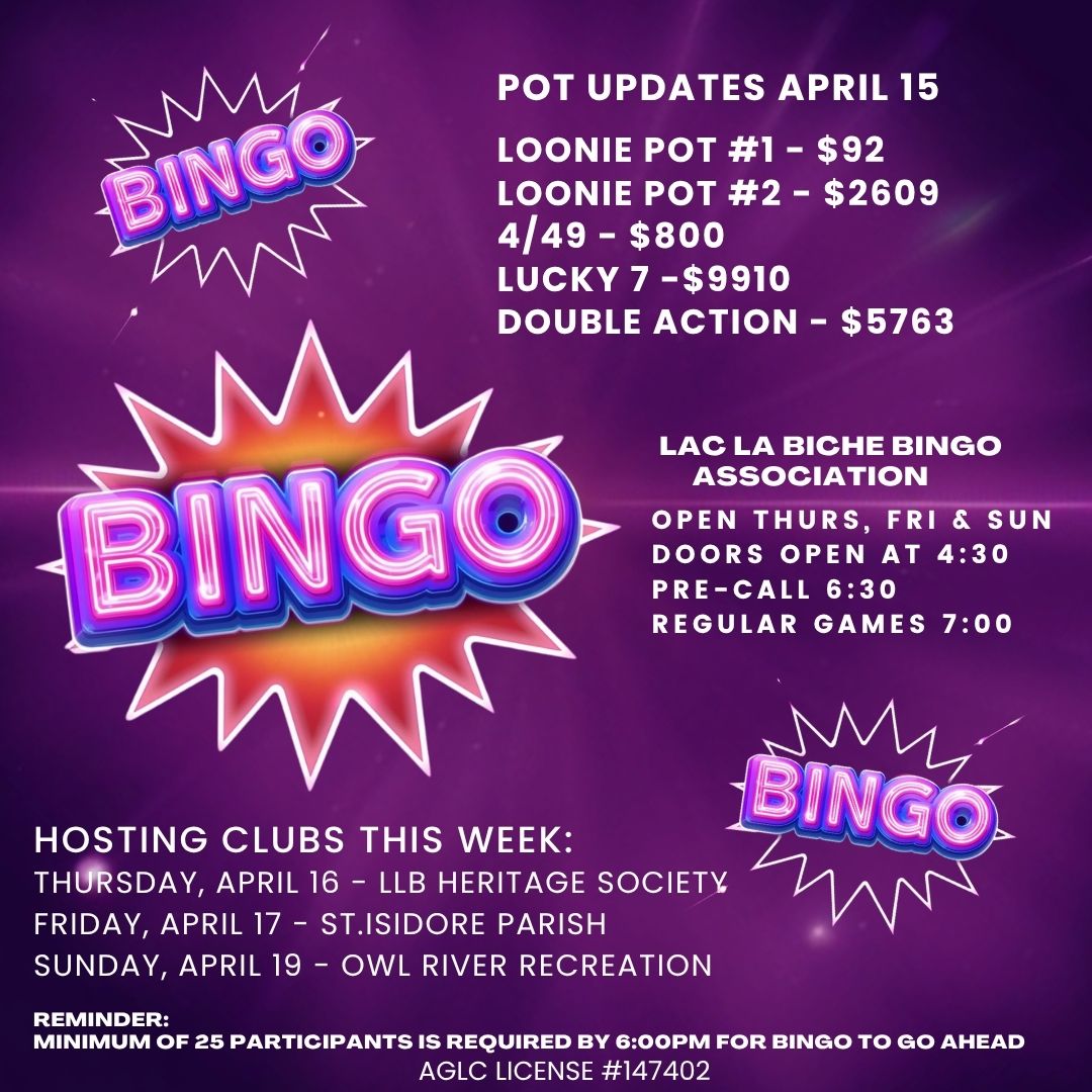 Pot Updates Lac La Biche Bingo April15, 2026.
