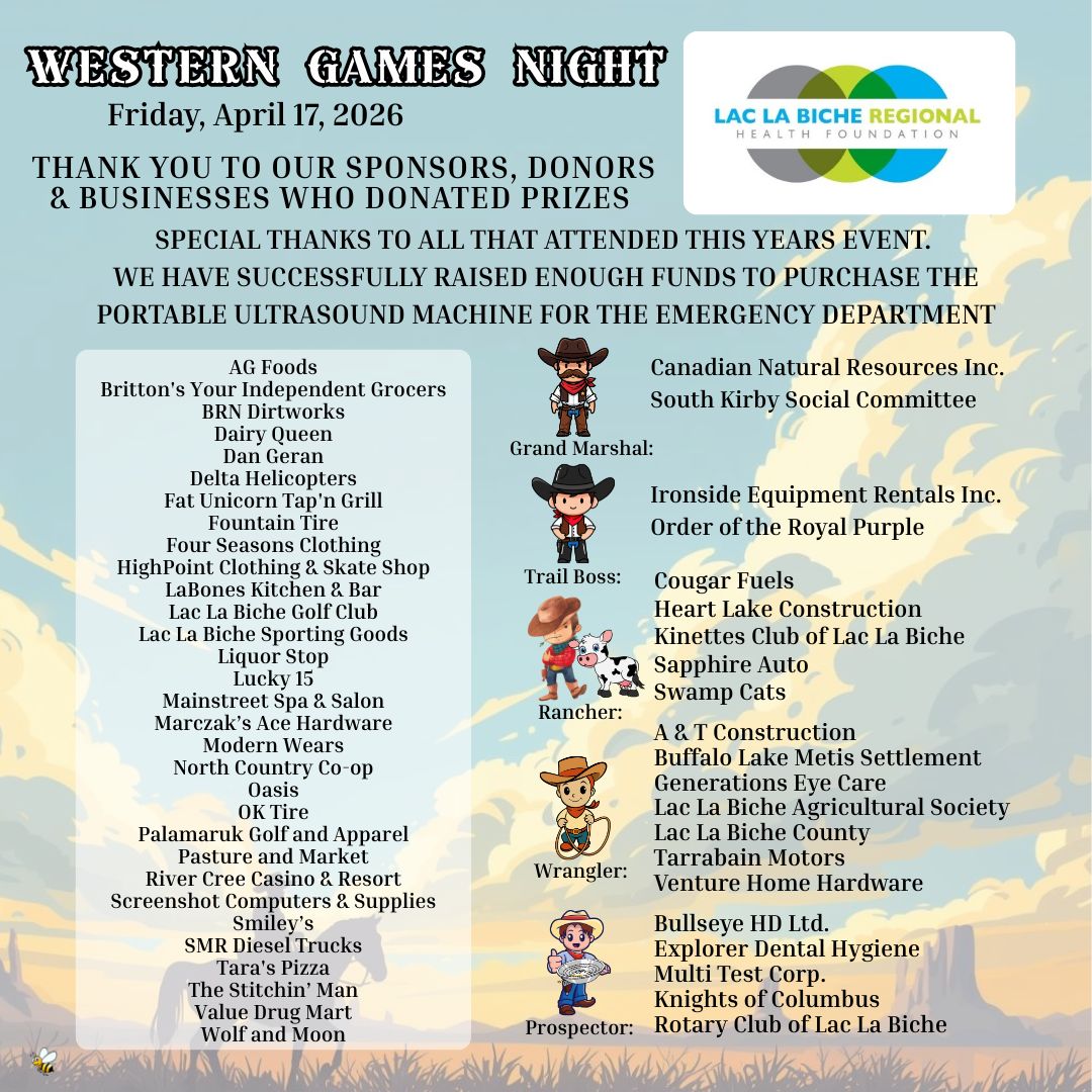 Lac La Biche Regional Health Foundation Games Night 2026. Thank You