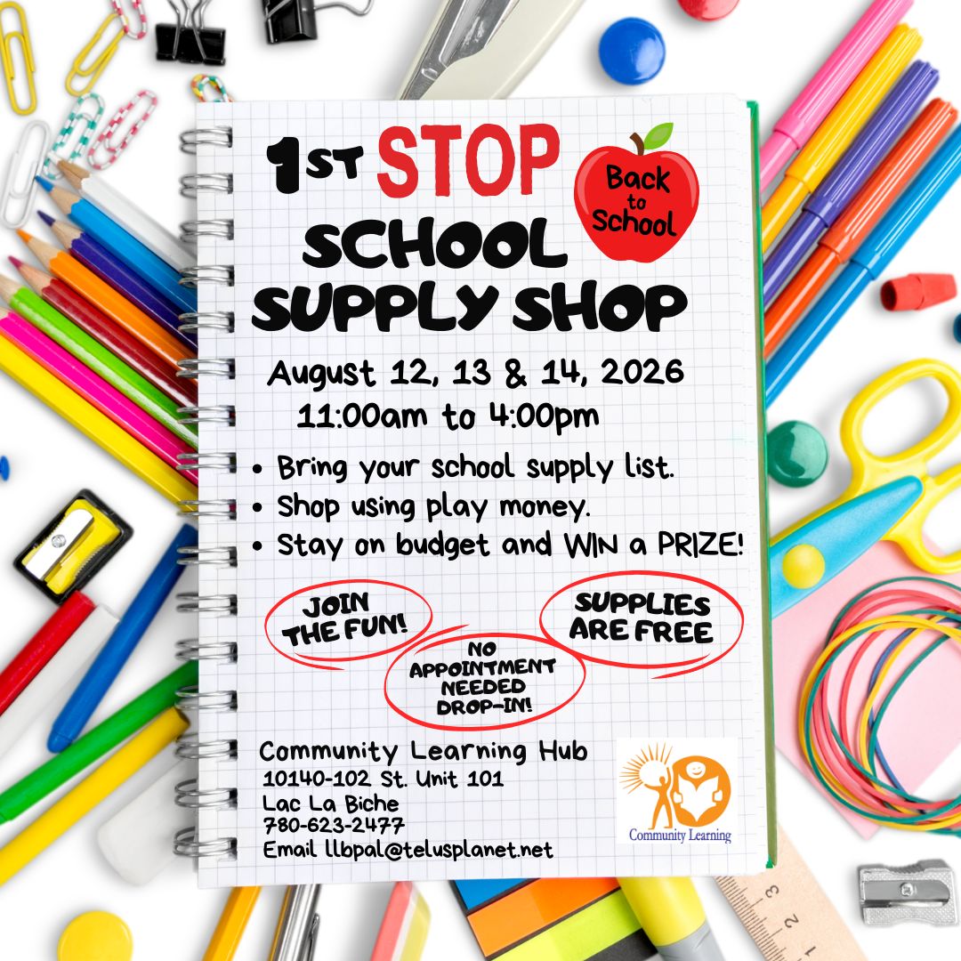 Community Learning 1st Stop School Supply Shop Aug 12, 13, 14, 2026.