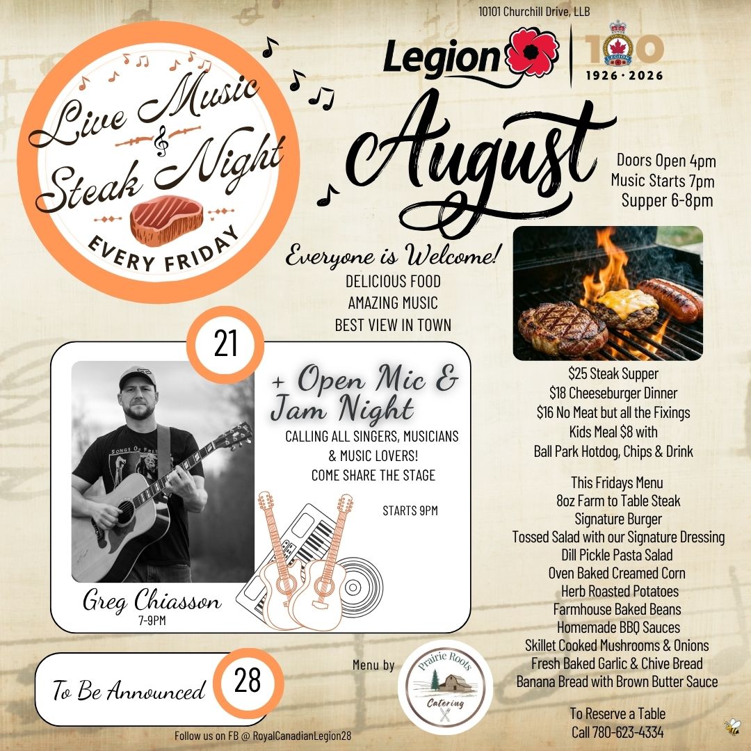 Legion Friday Night Steak Night and Live Music August 21, 2026.