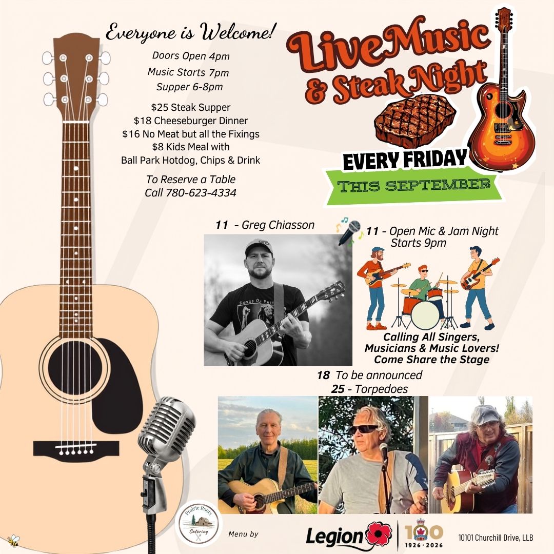 Legion Steak Night and Live Music Sept 11, 2026.
