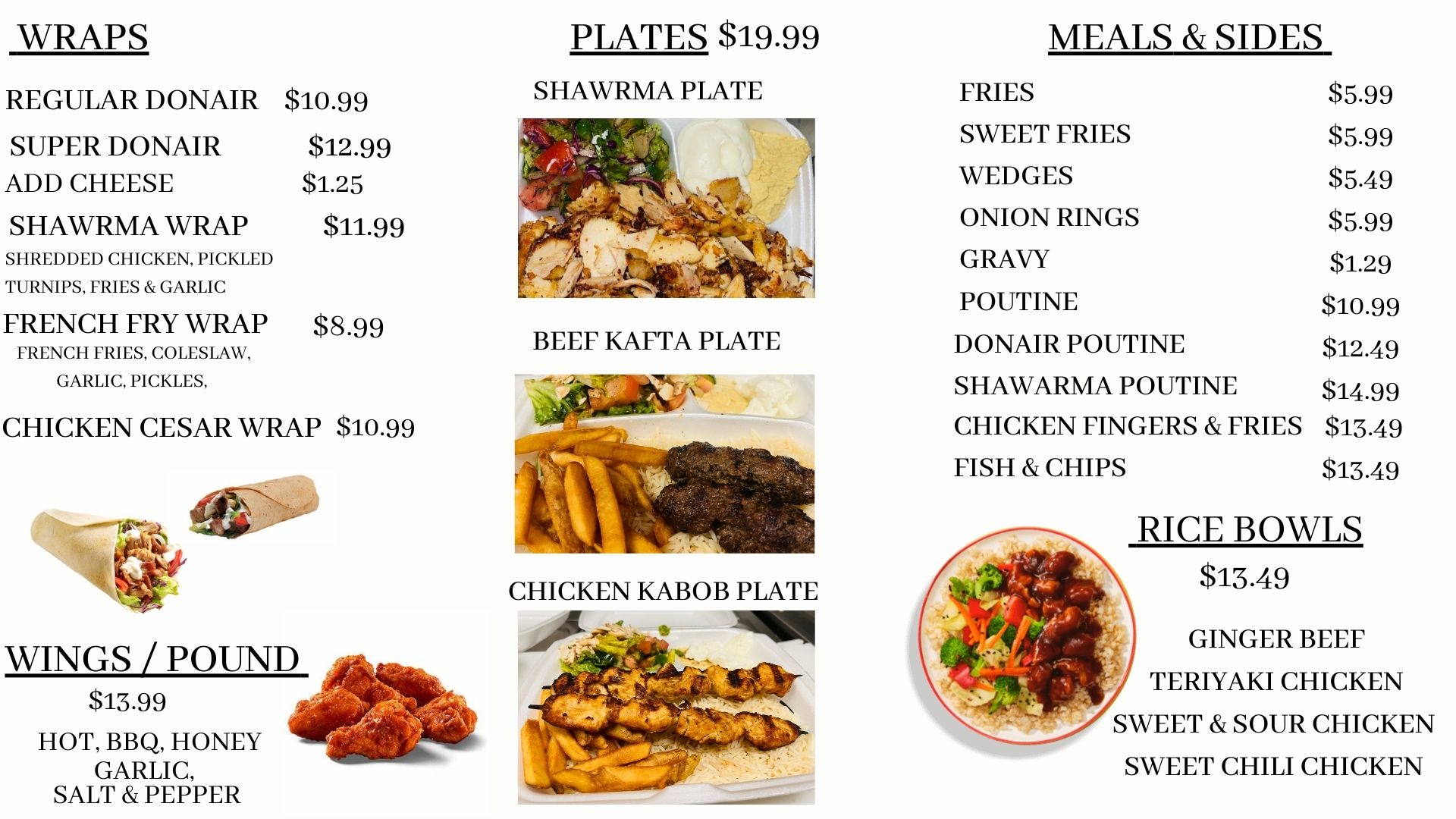 Wraps, Wings, Plates, Meals & Sides, Rice Bowls